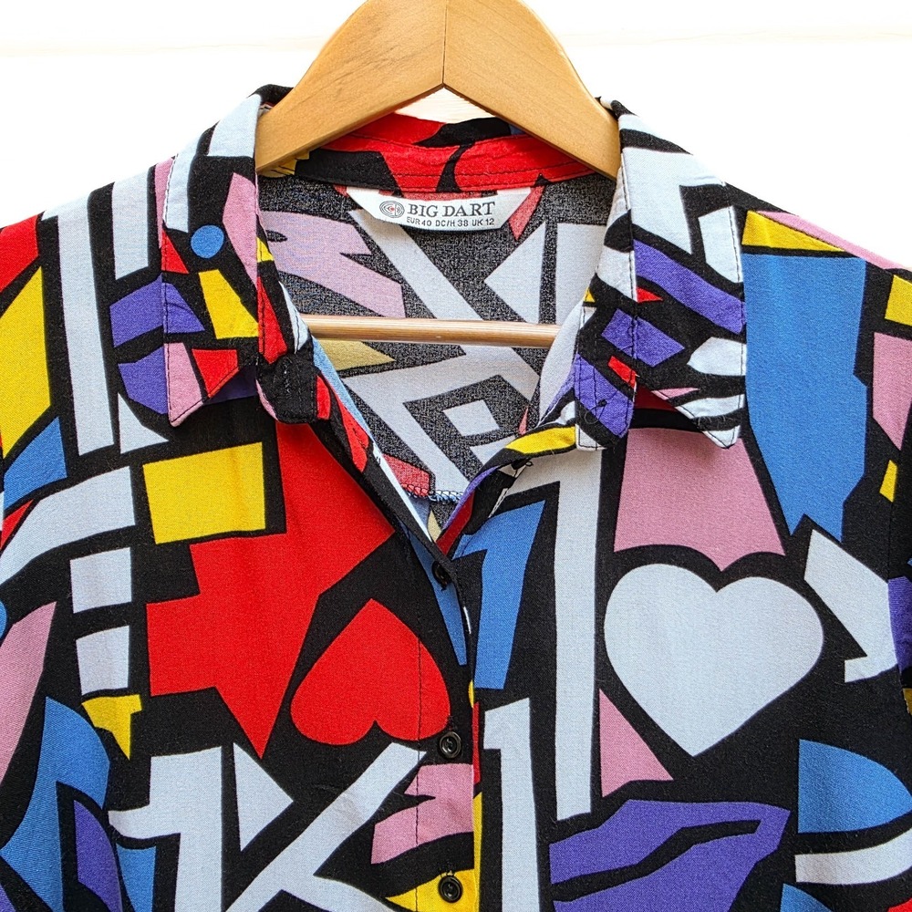 Big Dart Abstract Pop Art Shirt Womens EU40 Geometric Hearts Viscose Mod - Picture 2 of 6